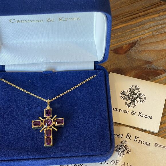 Camrose & Kross JBK Purple Rhinestone Reversible Cross Goldtone COA Original Box - Picture 10 of 10